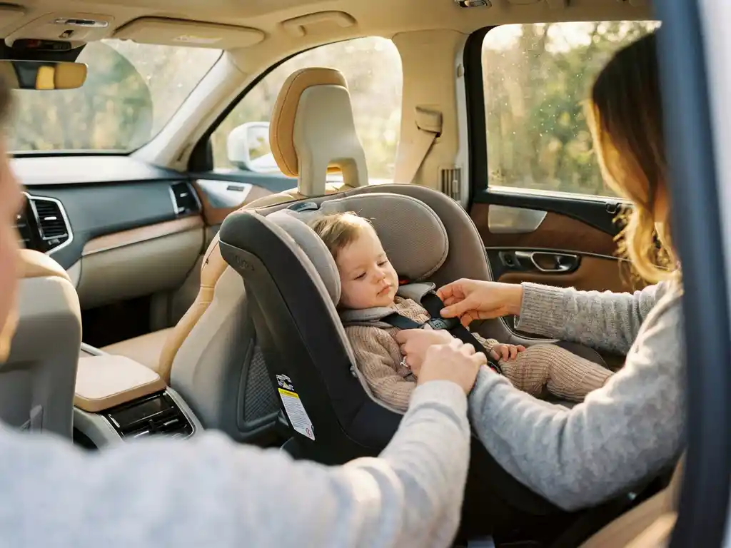 Elternteil überprüft Gurte und Schnalle eines rückwärtsgerichteten Kindersitzes mit sitzendem Kleinkind im Fahrzeug.