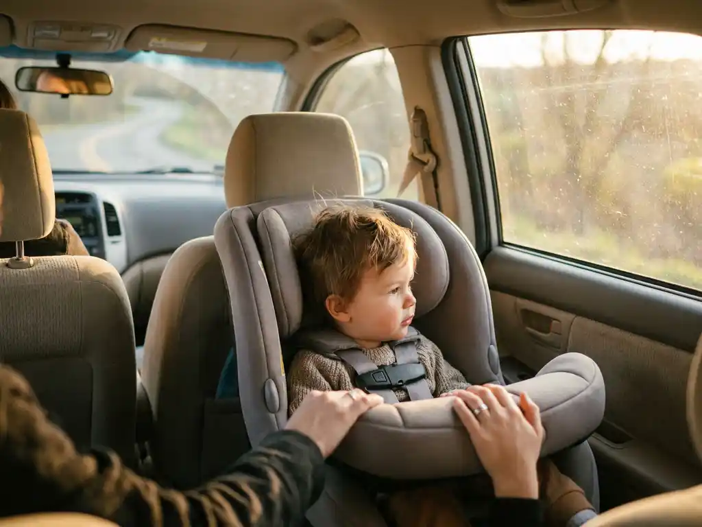 Kleinkind sicher in rückwärts gerichtetem Kindersitz, elterliche Hand daneben, warmes Nachmittagslicht im Fahrzeuginnenraum.