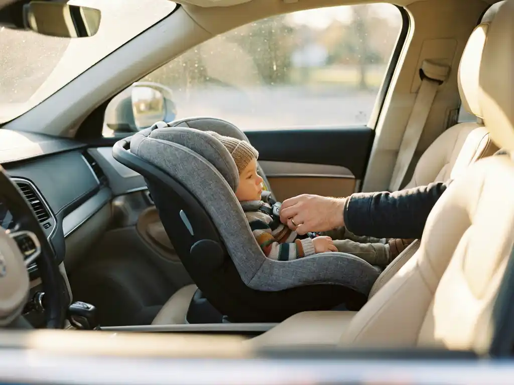 Kleinkind in rückwärts gerichtetem Kindersitz, Elternteil prüft Gurte bei natürlichem Tageslicht im modernen Fahrzeuginneren.