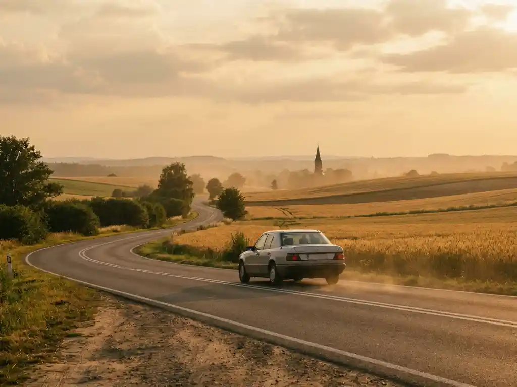 Silver sedan on a two-lane road through Polish countryside, golden wheat fields, rolling hills, and a distant church spire in warm afternoon light.