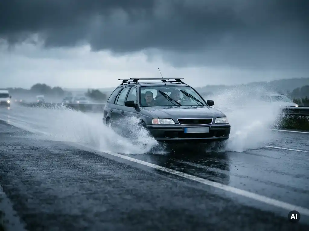 Familienauto hydroplaniert auf regenasser Autobahn, Wasserfontänen an den Reifen, dramatische Sturmwolken im Asphalt gespiegelt.