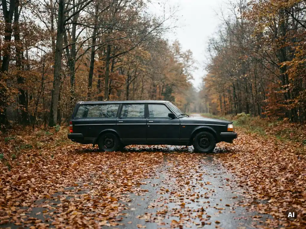 Auto fährt vorsichtig auf nasser Herbststraße, bedeckt mit goldenen und braunen Blättern, gesäumt von hohen Bäumen unter bedecktem Himmel.