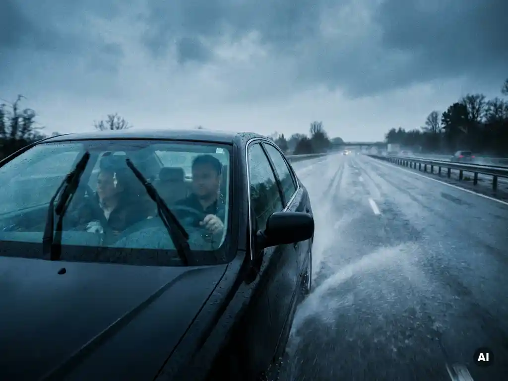 Car driving through heavy rain on a wet highway, tires spraying water, couple visible through rain-streaked windshield under a stormy grey sky.