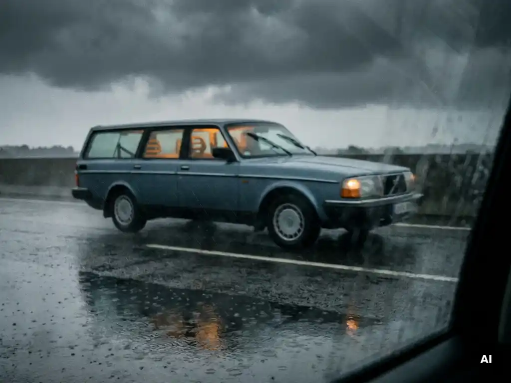 Familienauto fährt bei starkem Regen auf nasser Autobahn, Scheibenwischer in Betrieb, Aquaplaning-Gefahr durch stehendes Wasser.