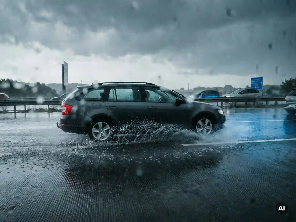 Familienauto fährt bei starkem Regen auf nasser Autobahn, Wasserspritzer an den Reifen, bewölkter Sturmhimmel.