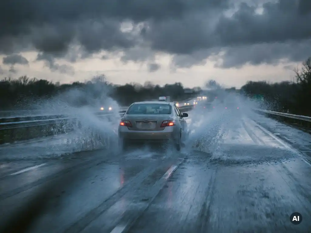 Silberne Familienlimousine aquaplant bei Dämmerung auf nasser Autobahn, Wasserfontänen spritzen von den Reifen.