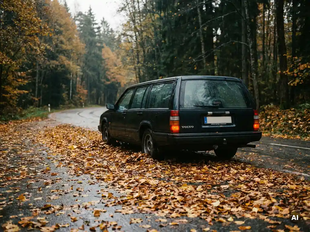 Car driving through wet autumn road covered in golden and rust leaves, dense forest on both sides under overcast skies.