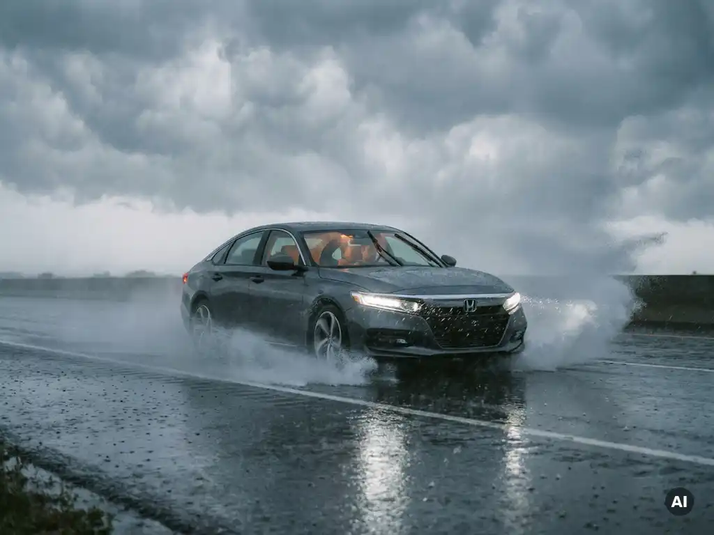 Family sedan aquaplaning on a wet highway in heavy rain, water lifting tyres off asphalt with dramatic wheel spray and storm clouds overhead.