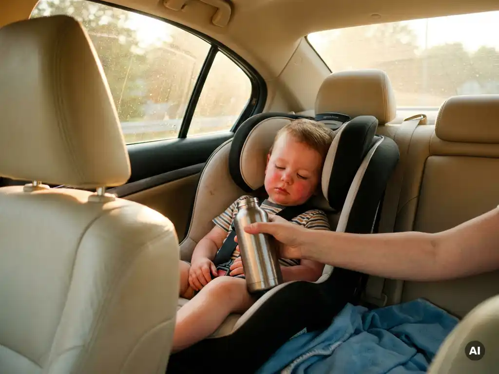 Flushed toddler buckled in rear car seat receiving water bottle from parent during summer heat, warm golden sunlight through window.
