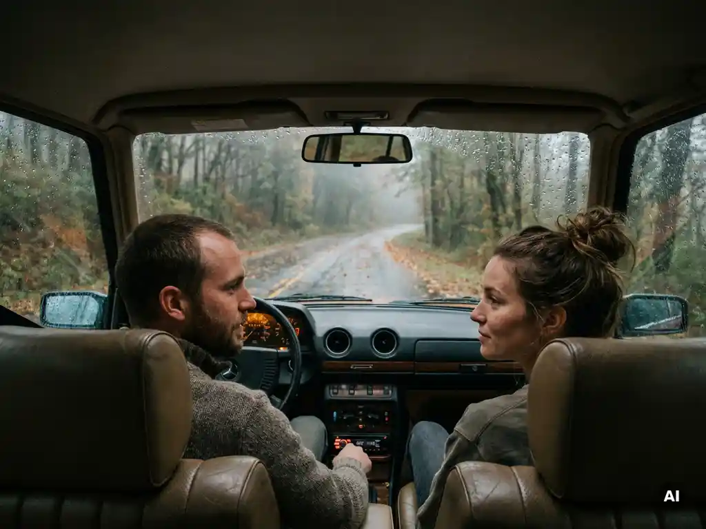 Couple driving through a misty autumn forest road, rain-streaked windows framing wet amber leaves on the glistening pavement ahead.