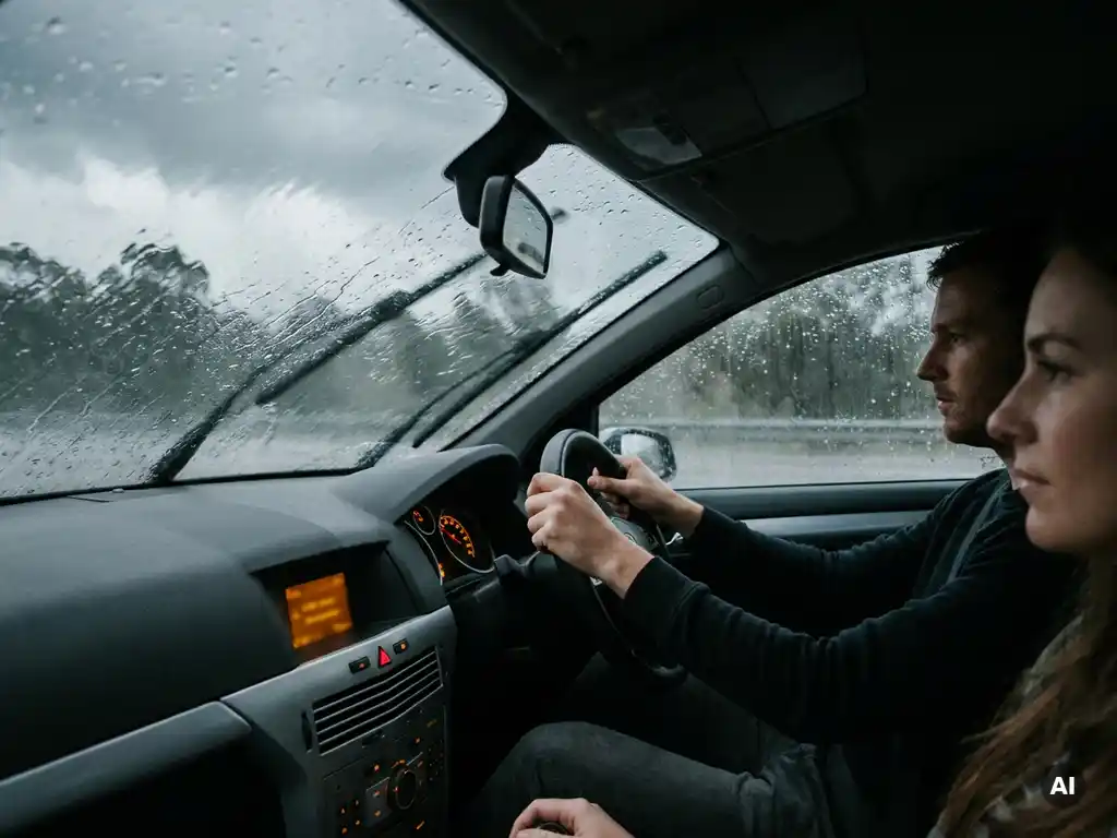 Couple driving calmly through heavy rain, windshield covered in rivulets, warm amber dashboard glow illuminating their focused expressions.