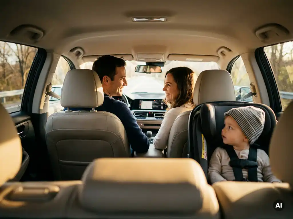 Familie im Auto bei goldener Stunde, Eltern blicken lächelnd zu Kind im Kindersitz auf Rücksitz.