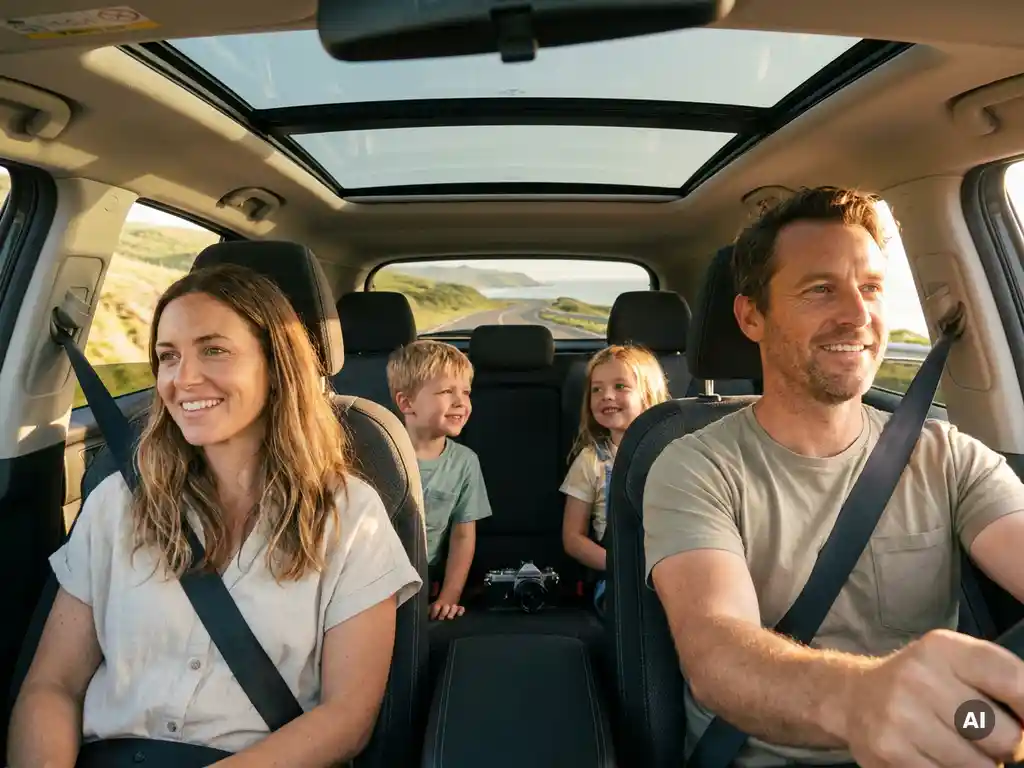 Familie mit zwei Kindern genießt eine sonnige Autofahrt durch grüne Landschaft im goldenen Abendlicht.