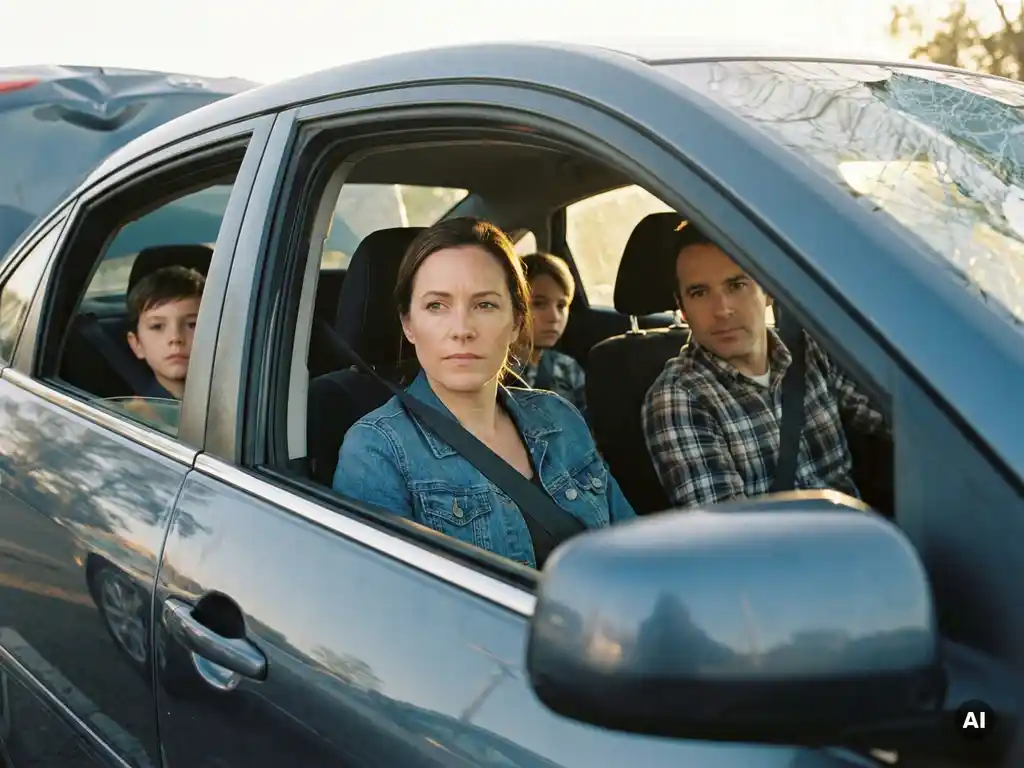Family of four buckled in a sedan after a collision, crumpled hood visible through the windshield, golden-hour light through cracked glass.