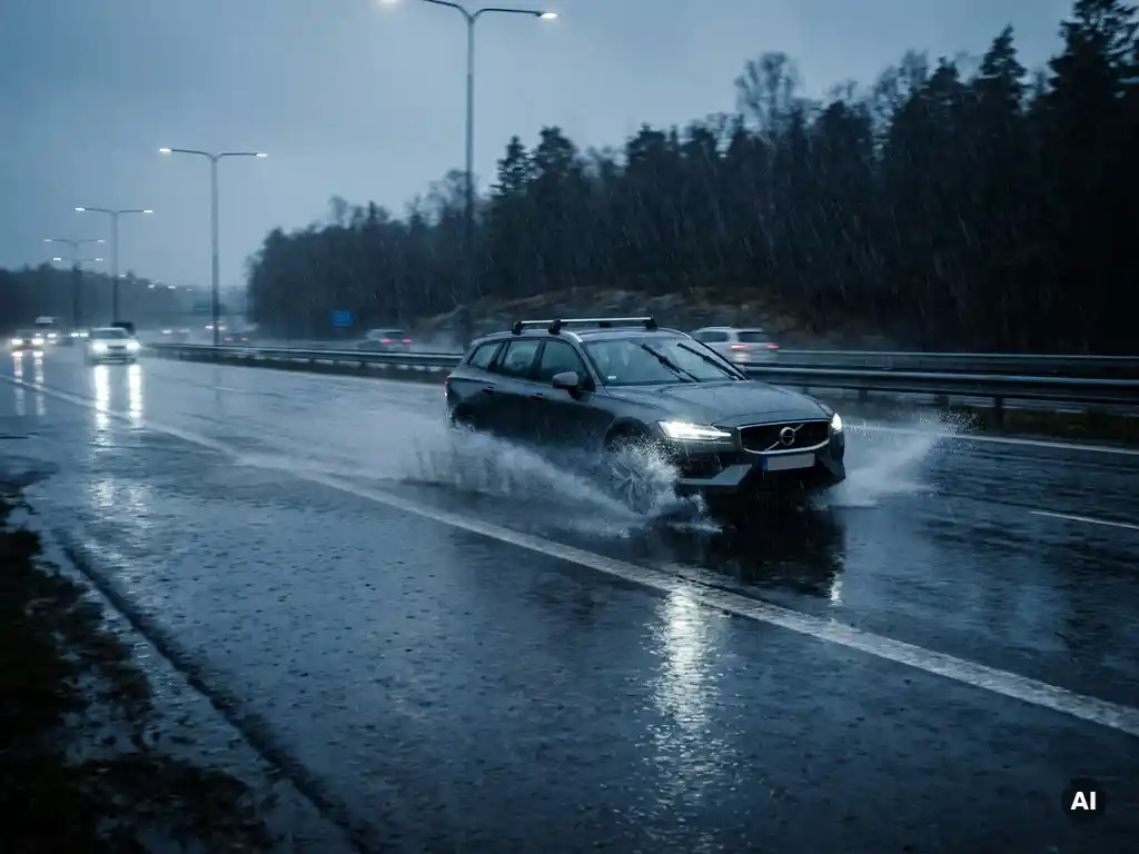 Family car driving through heavy rain on a wet highway, tires spraying water from deep puddles under a dark stormy sky.