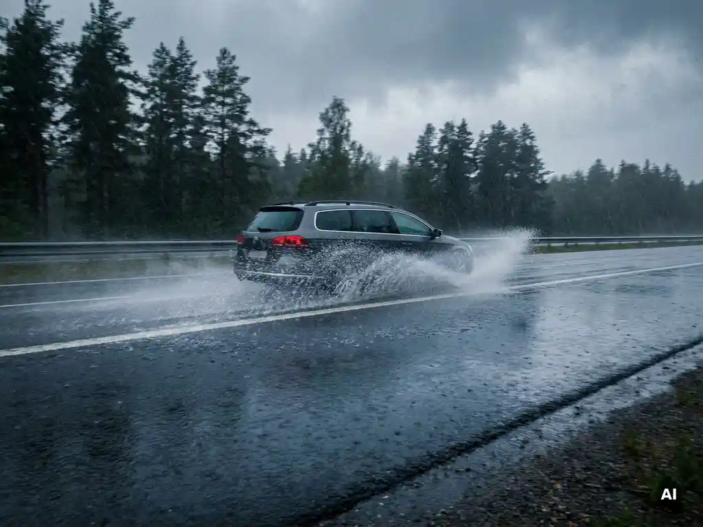 Family car hydroplaning on a rain-soaked highway, tires spraying water across standing puddles under an overcast grey sky.