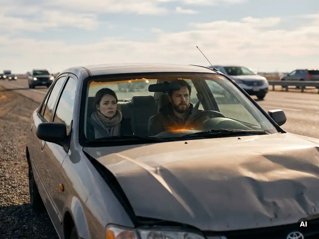 Silver family car pulled over after minor collision, couple visible through windshield looking shaken, crumpled hood under overcast midday light.
