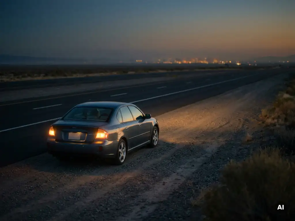 Family car pulled over on a deserted highway shoulder at dusk, city glow fading on the horizon under a steel blue twilight sky.