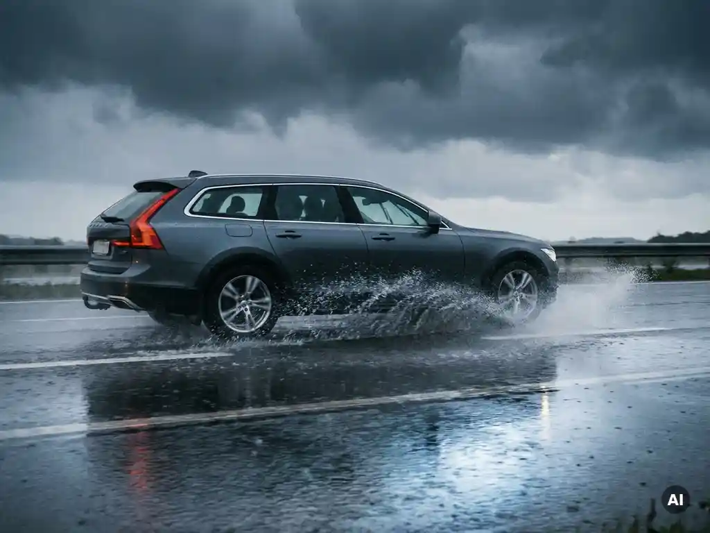 Family car hydroplaning on a rain-soaked highway, rear tires spraying water as storm clouds loom overhead.