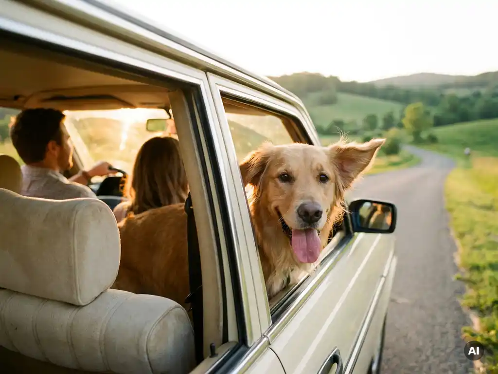 Golden retriever leaning out of a car window with tongue out, ears flying in the wind along a green countryside highway at golden hour.