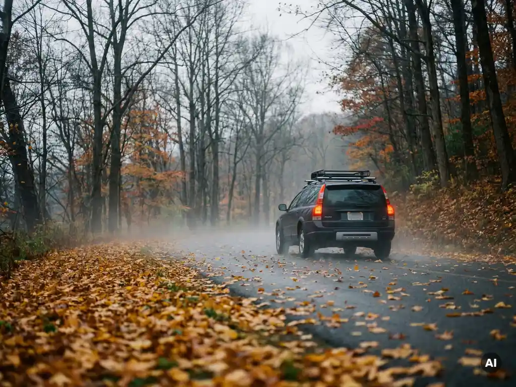 Familienauto auf nasser Herbststraße mit goldenen Laubblättern, Nebel und kahlen Bäumen im stimmungsvollen Gegenlicht.