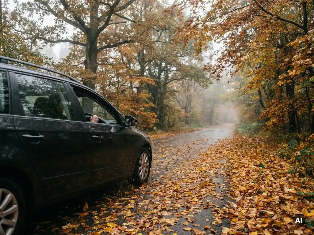 Familienauto fährt auf nasser Herbststraße mit rutschigem Laubbelag, gesäumt von nebligen Bäumen in Gold- und Rosttönen.