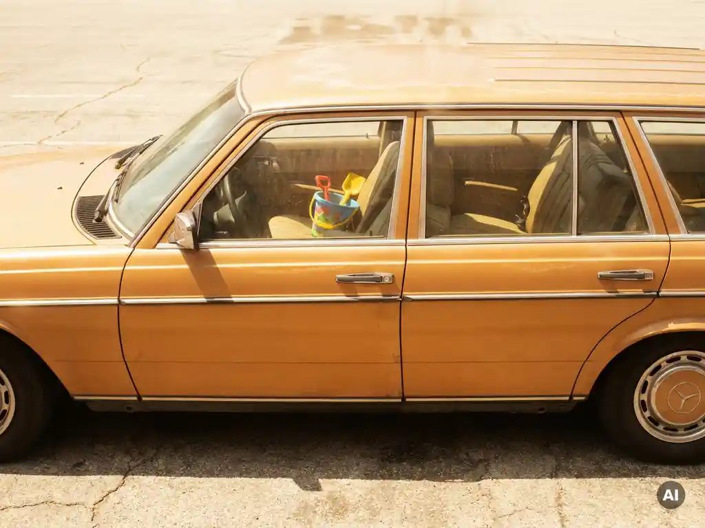 Family car parked on sun-baked asphalt in summer heat, with a child's toy visible through the closed window and heat shimmer rising from the hood.