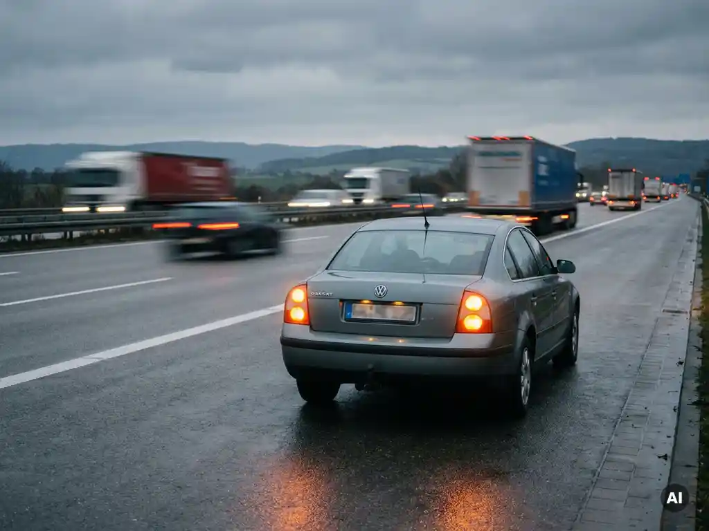 Liegengebliebene Limousine auf Autobahn-Standstreifen mit eingeschalteter Warnblinkanlage, vorbeirauschende LKW im Hintergrund.