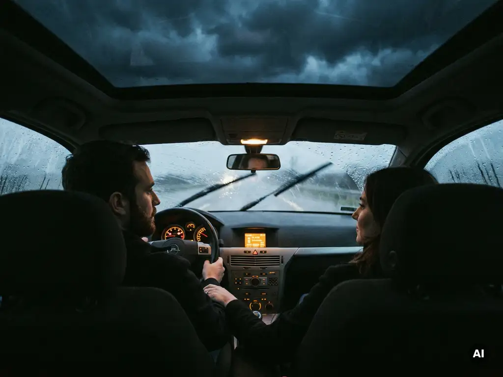 Paar im Auto bei starkem Regenfall, Windschutzscheibe mit Wasserschlieren, warmes Armaturenlicht beleuchtet den Innenraum.