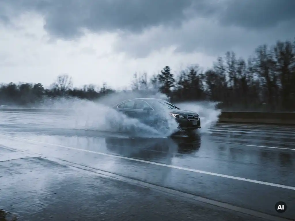 Family sedan hydroplaning on a rain-soaked highway, tires sending dramatic spray across standing water under storm clouds.