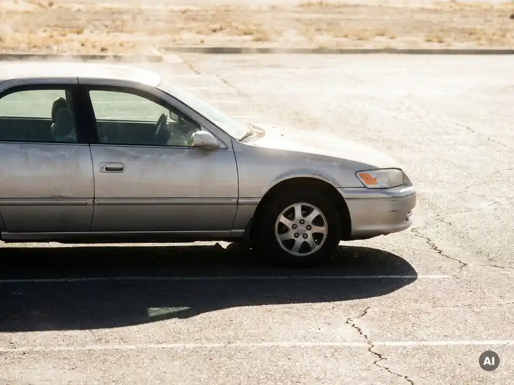 Silver sedan parked on sun-scorched asphalt lot at midday, heat waves rising from hood, cracked pavement in background.