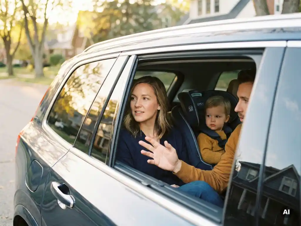 Junge Familie im modernen Auto, Eltern im Gespräch, Kind auf Rücksitz, warmes Nachmittagslicht durch Seitenfenster.
