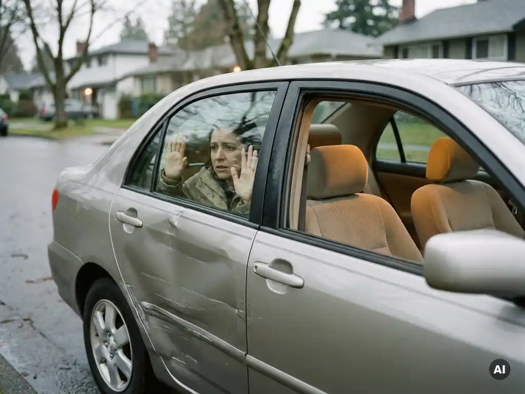 Driver pushing against a jammed, dented car door from inside a silver family sedan after a minor collision on a suburban street.